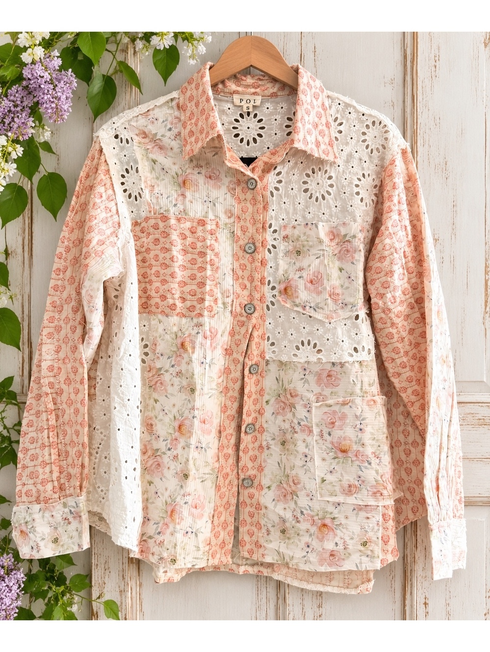 POL Patchwork Eyelet Floral Button Down Shirt Size Small Boho Cottagecore